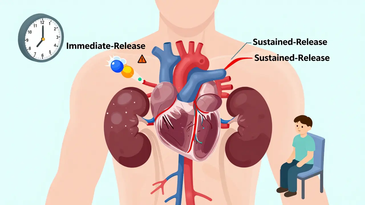 Transparent human torso showing contrasting lithium release patterns in the bloodstream with kidney filtration.