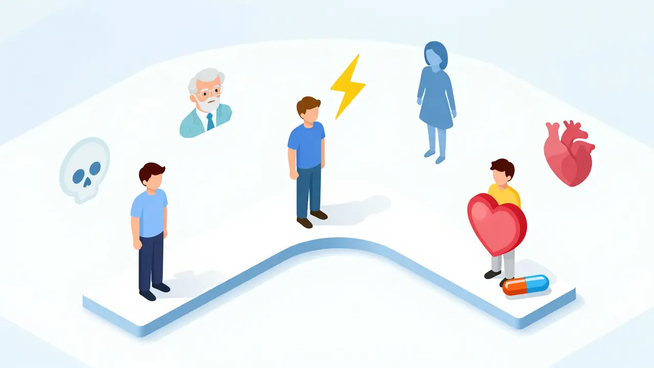U-shaped risk curve showing patient outcomes with antipsychotic use, featuring icons of risk factors and a safe middle zone.