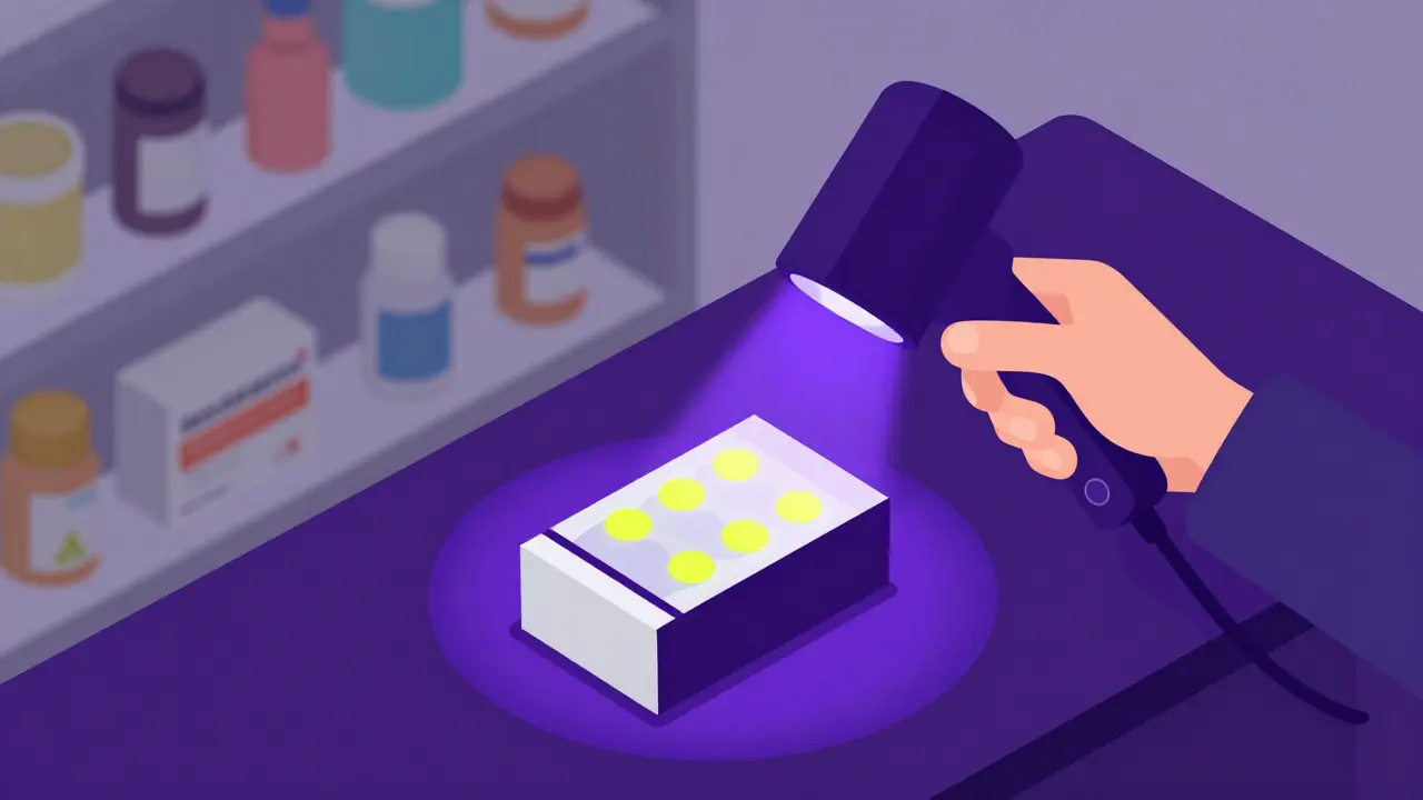 UV light revealing hidden patterns on medicine packaging.