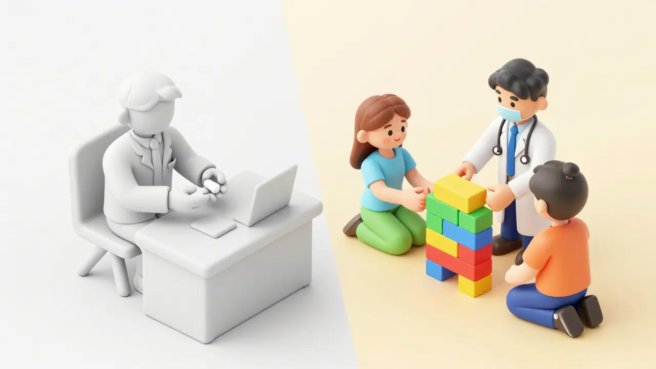 Visual contrast between directive and collaborative medical conversations.