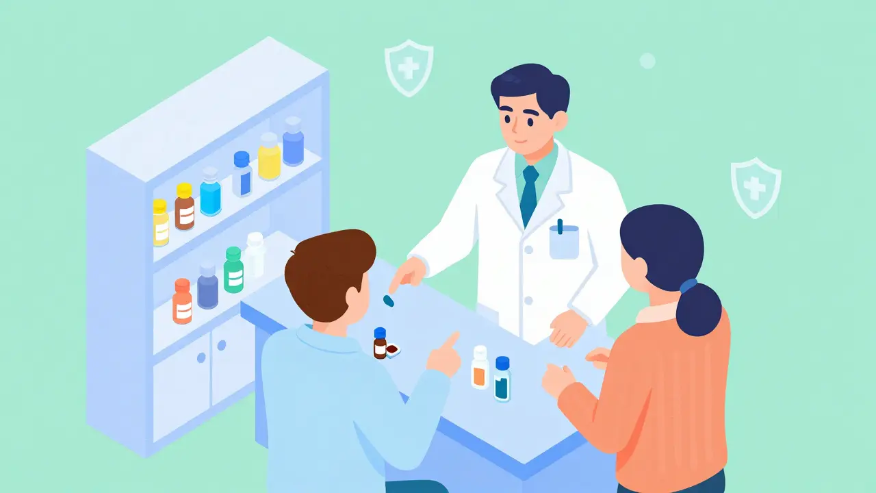 Consultation between patient, pharmacist, and remote interpreter figure