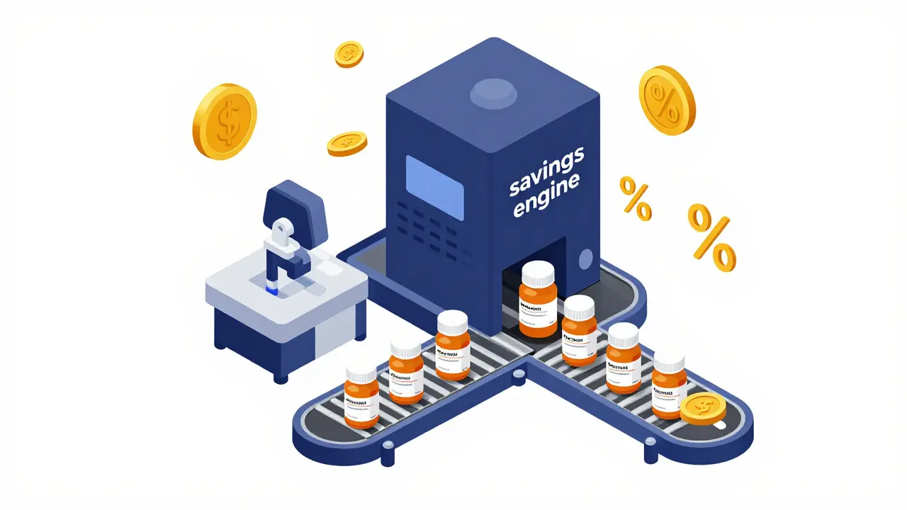 Isometric cartoon of a rebate engine converting expensive brand-name drugs into affordable generics.