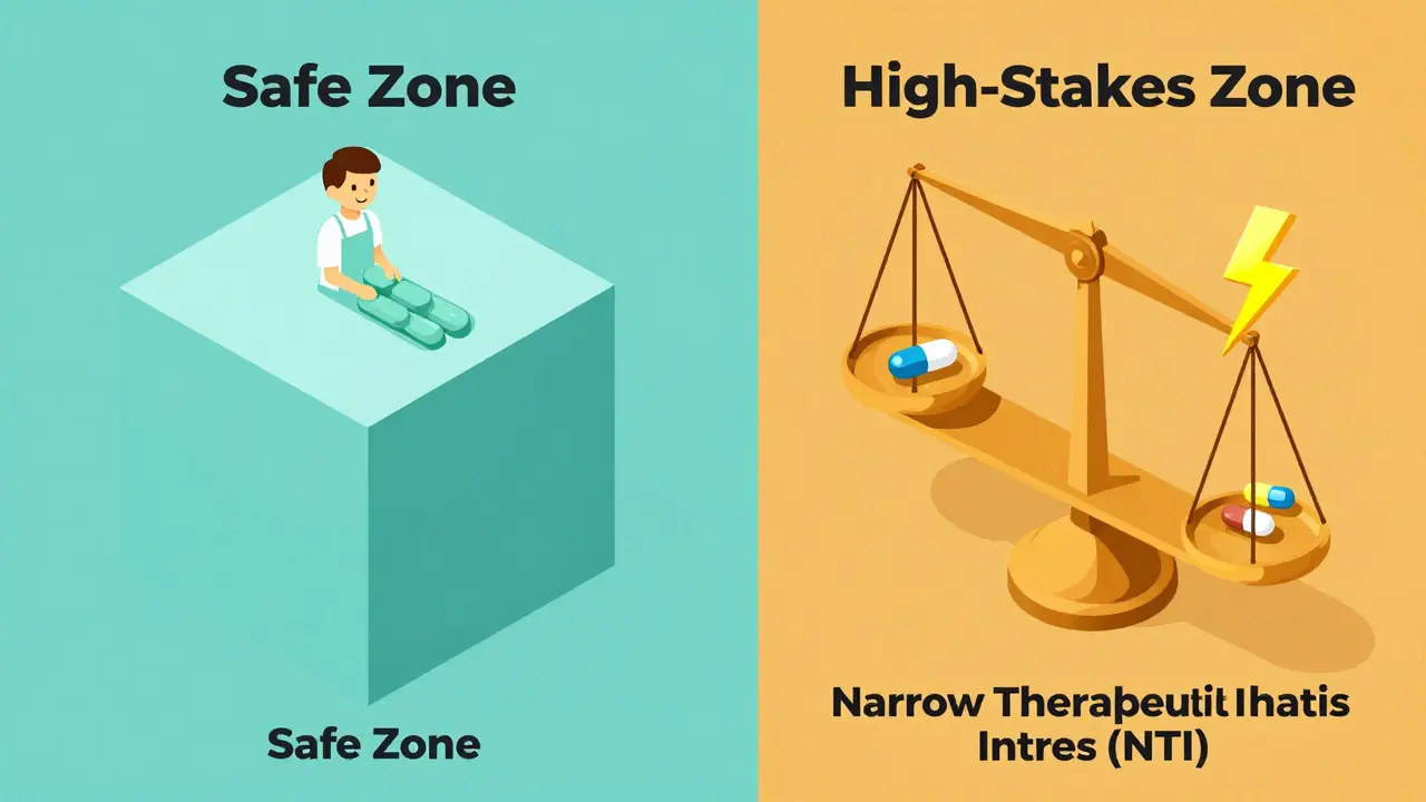 Isometric cartoon showing a balance scale comparing stable medications with high-risk NTI drugs.