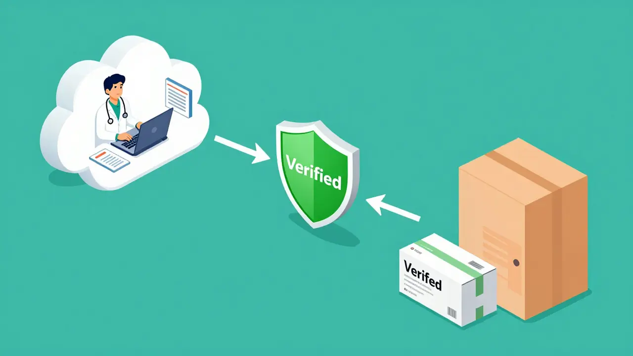 Isometric diagram showing the secure process from digital prescription to home delivery.