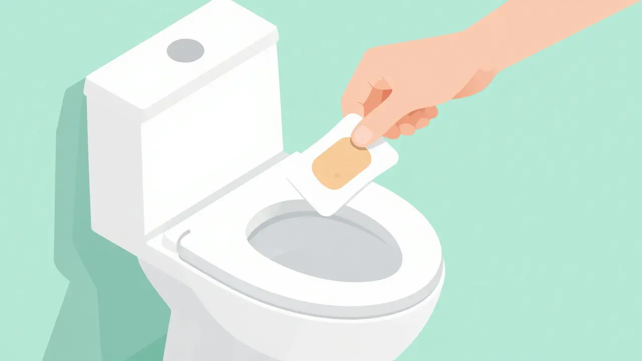 Isometric drawing of a hand folding a medicated patch before flushing it down a toilet.