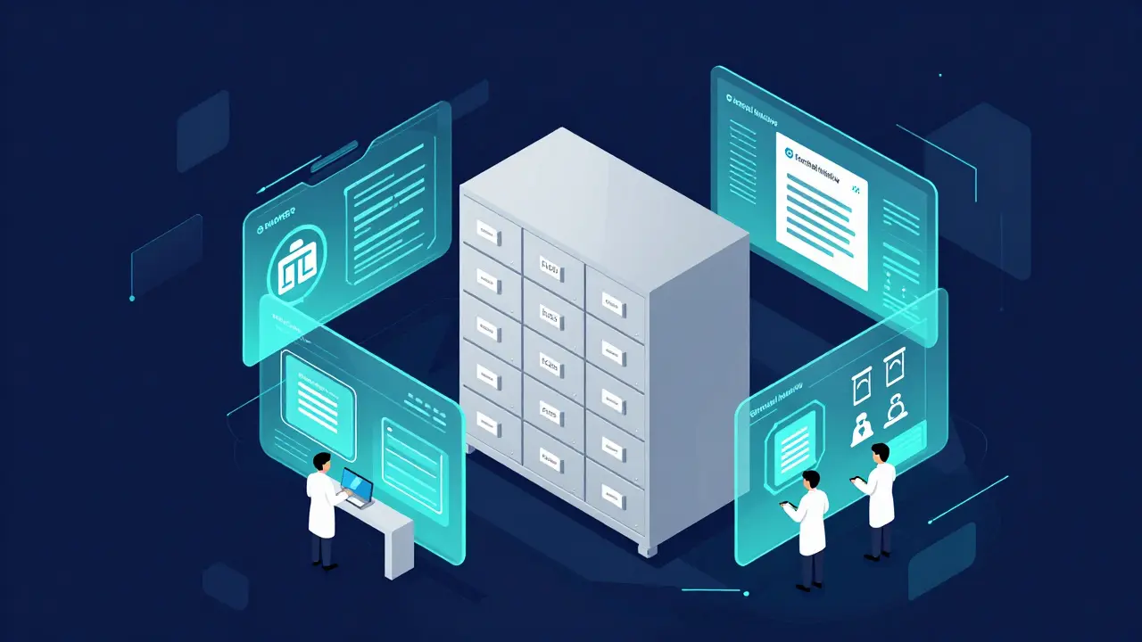 Isometric illustration of a digital FDA hub monitoring FAERS and Sentinel data streams.