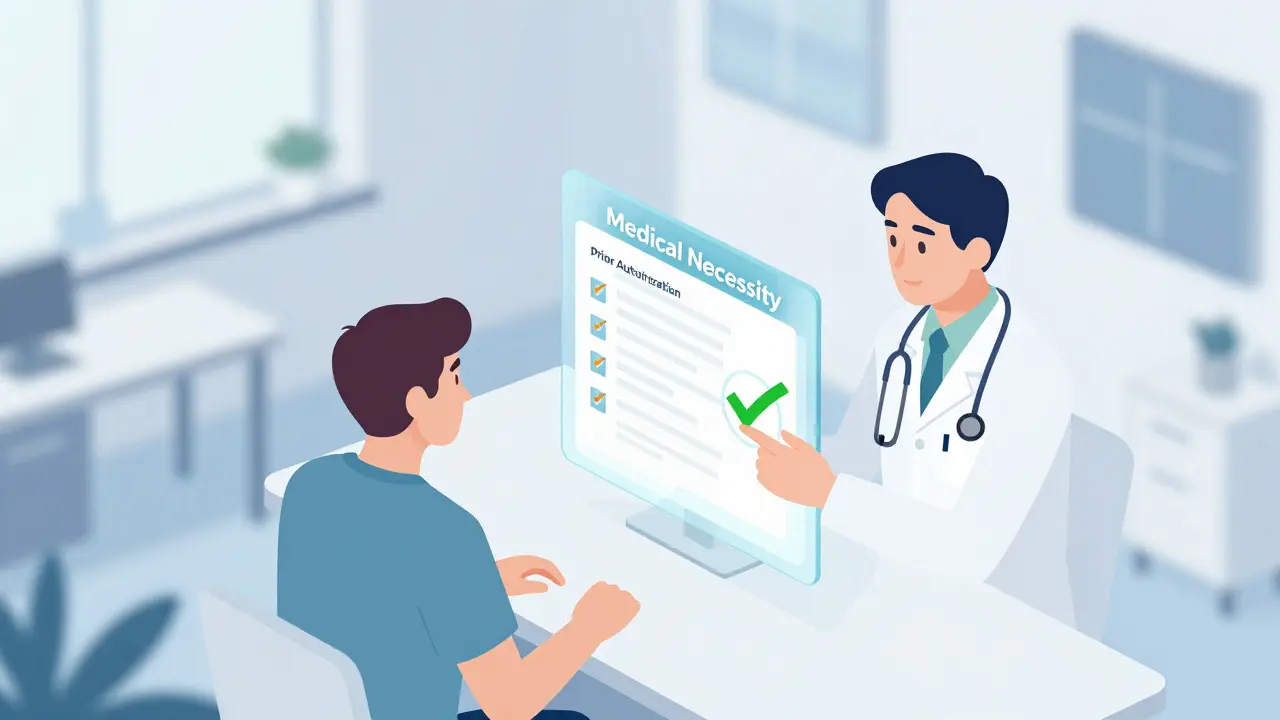 Isometric illustration of a doctor and patient successfully filing a medication insurance exception.