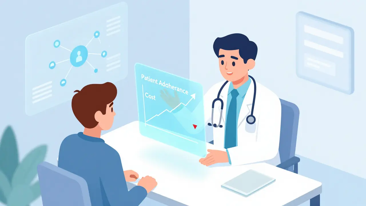 Isometric illustration of a doctor explaining generic drug benefits to a patient with a digital data chart.