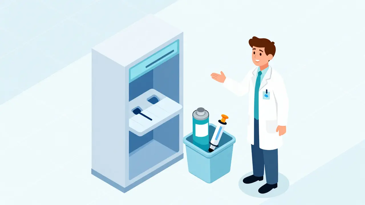 Isometric illustration of a pharmacy with a medical waste drop-off kiosk for inhalers and injectors.