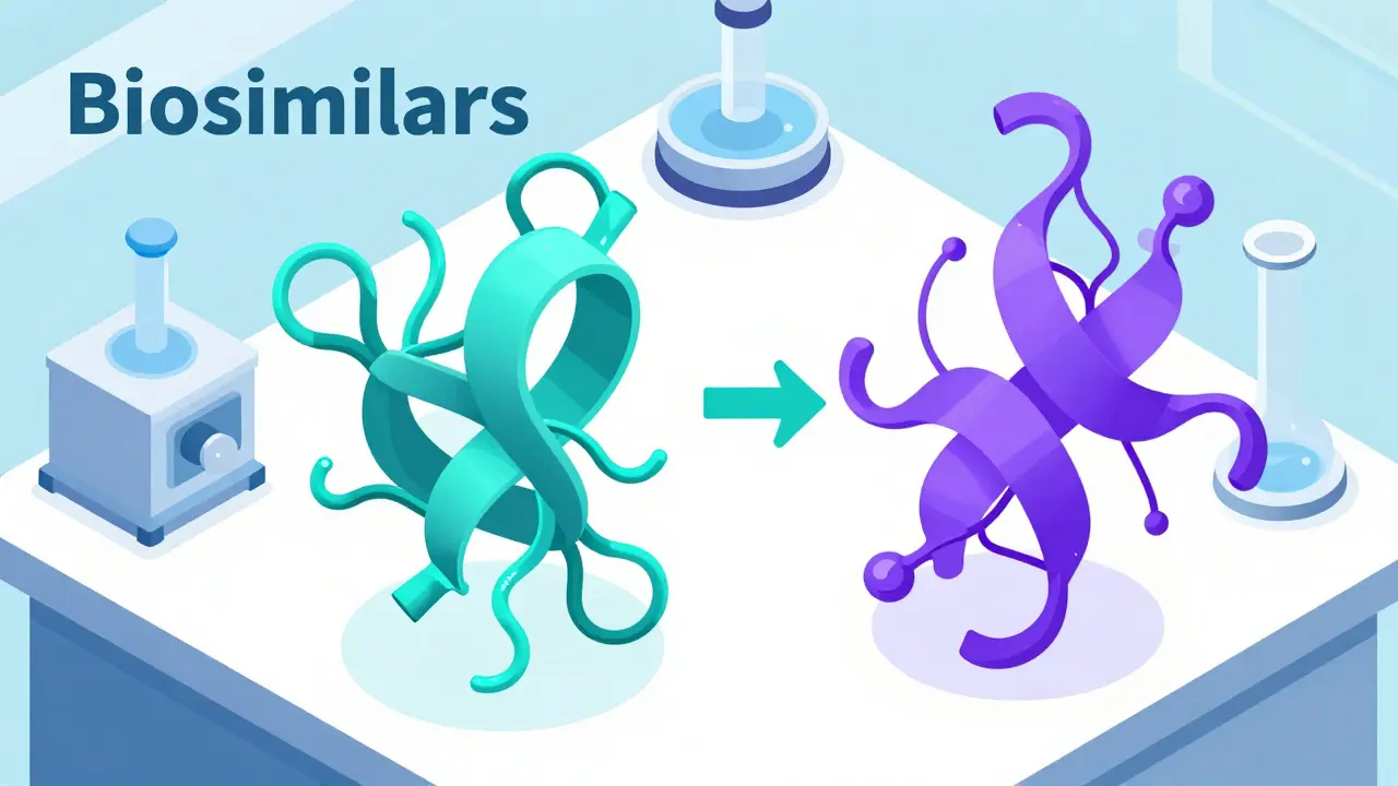 Isometric illustration of complex protein structures representing the shift toward affordable biosimilars.