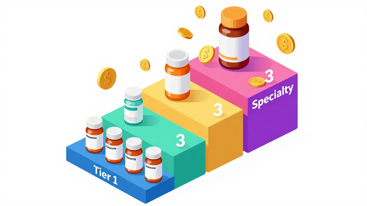 Isometric view of a staircase representing drug insurance tiers from low-cost generics to high-cost specialty meds.