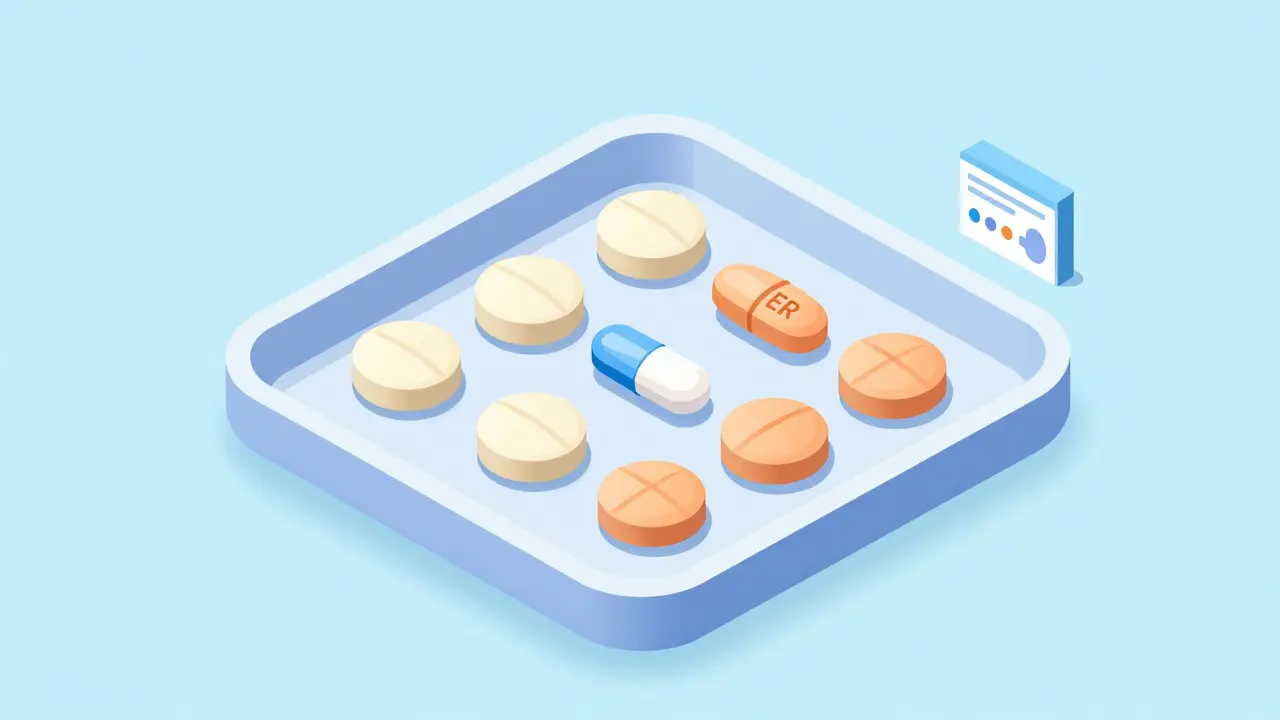 Isometric view of various lamotrigine formulations including ER and chewable tablets.
