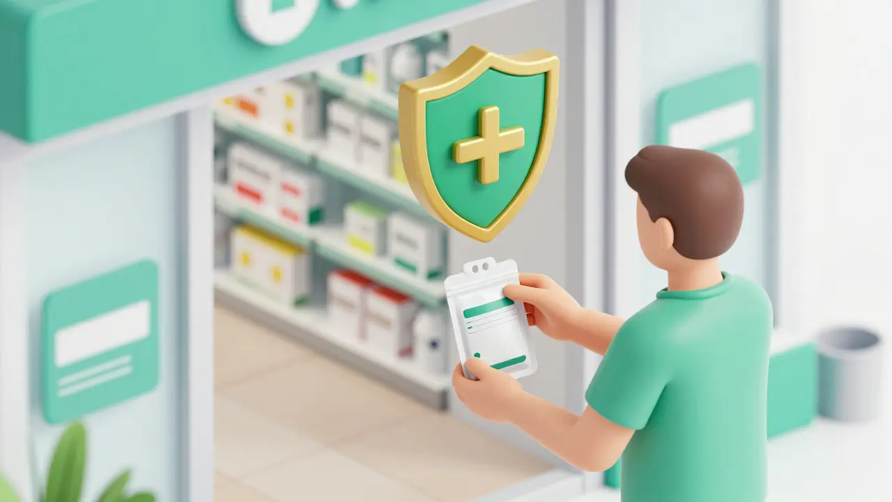 Patient with medicine bag near pharmacy with safety shield symbol